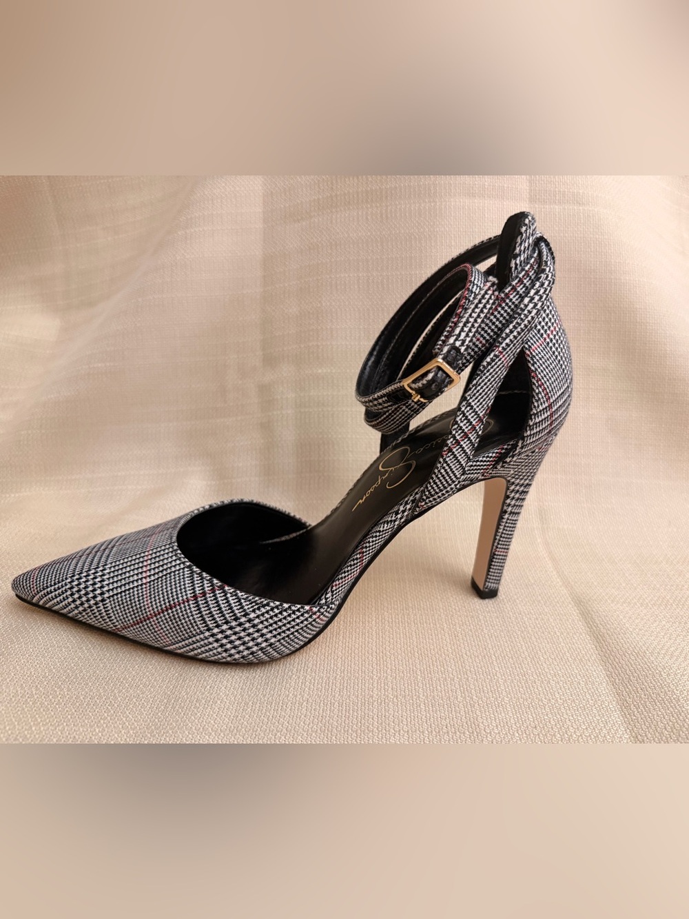 Jessica Simpson Plaid Pointed-Toe Ankle-Strap Pump - Black/White with Red Accent